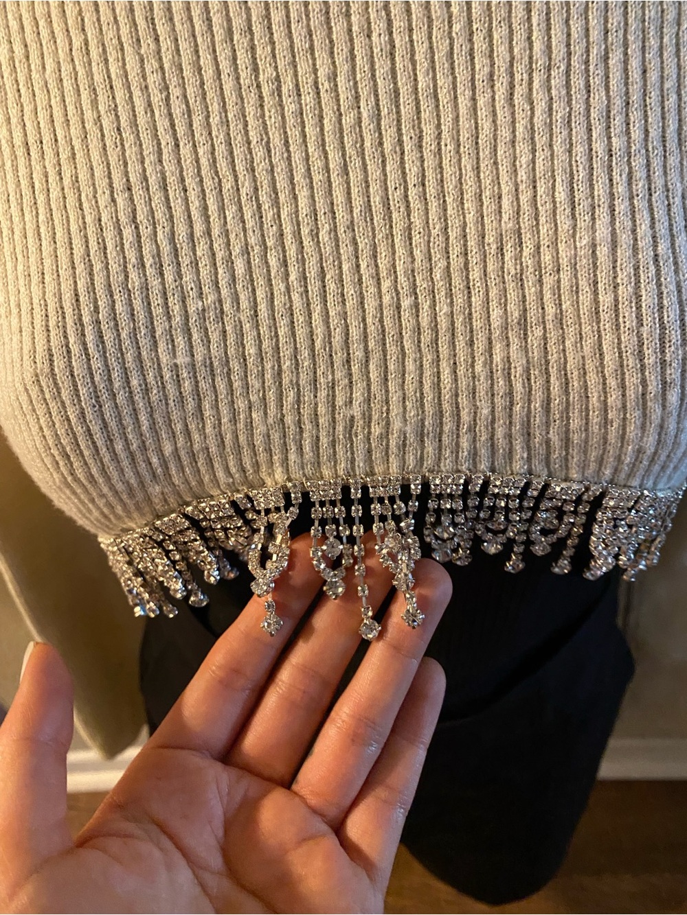 Ivory Cropped Ribbed Sweater with Beaded Fringe - Picture 2 of 3